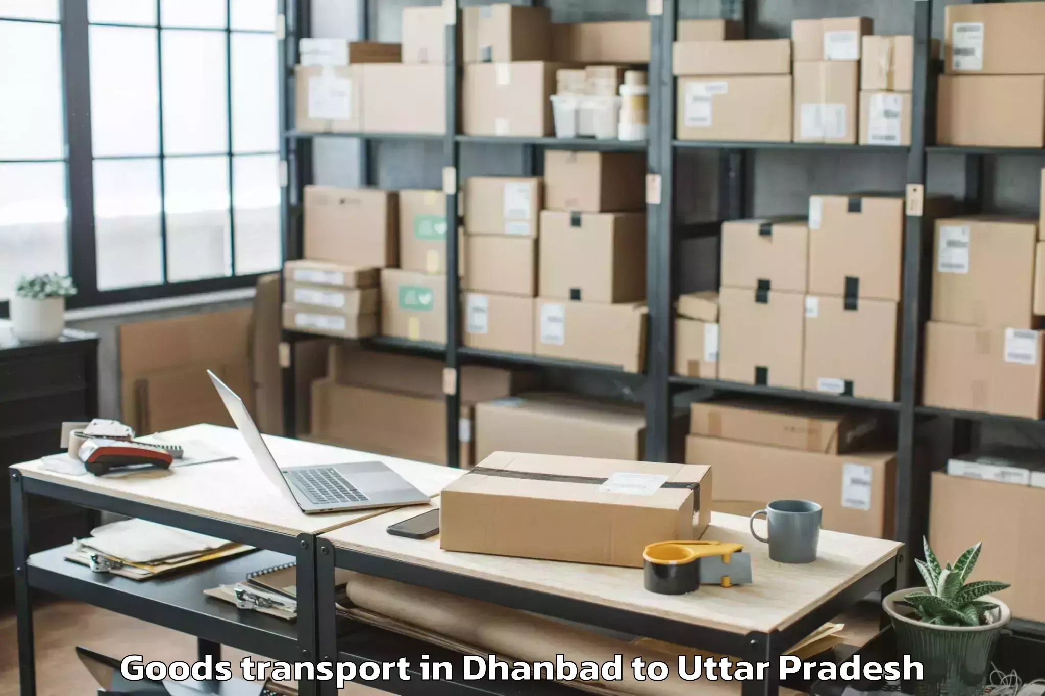 Book Dhanbad to Uttar Pradesh University Of Me Goods Transport Online